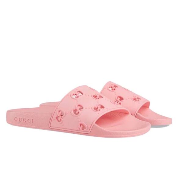 Gucci Sandal Size 39/ 9 Rubber Laser Cut GG Slide Slipper Rose Pink NWB - Picture 2 of 10